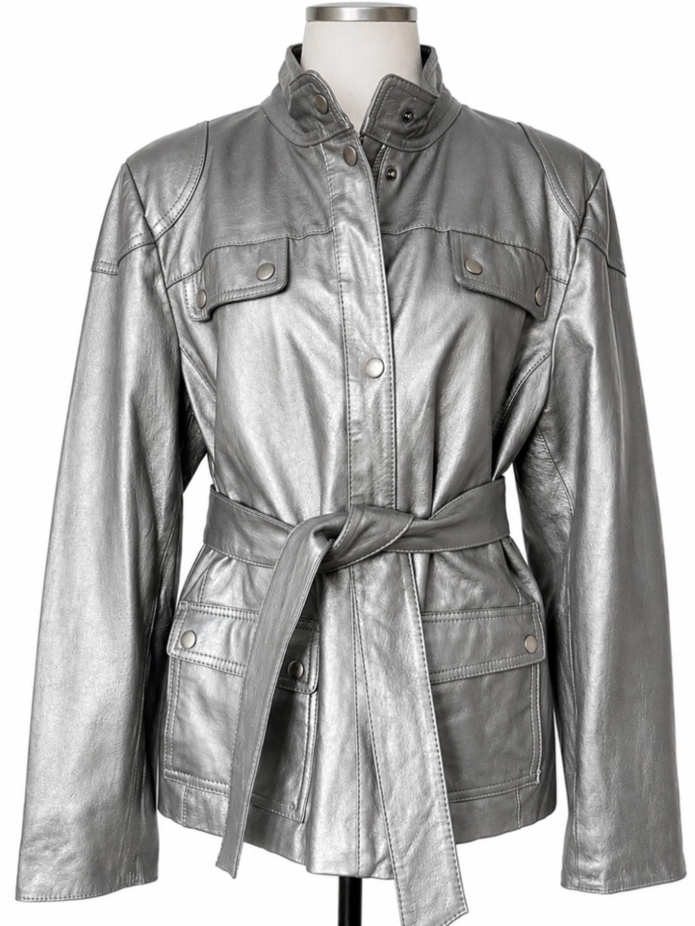 Guillaume Silver Gray Genuine Leather Utility Jacket Safari Field Coat Size L